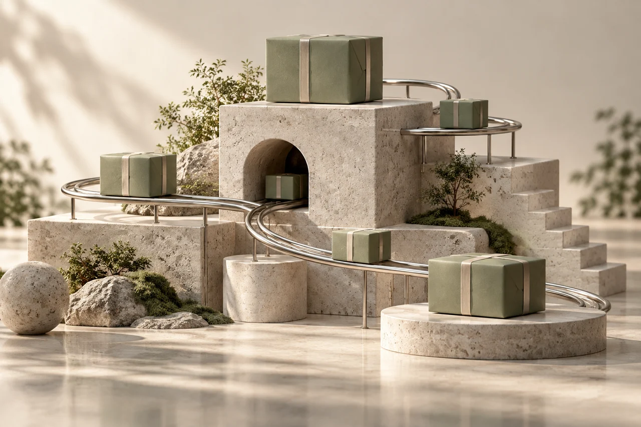 Sage parcels connected by chrome delivery routes on sculptural stone platforms.
