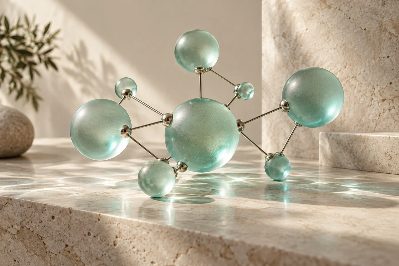 Mint glass spheres connected into a sculptural relationship network.