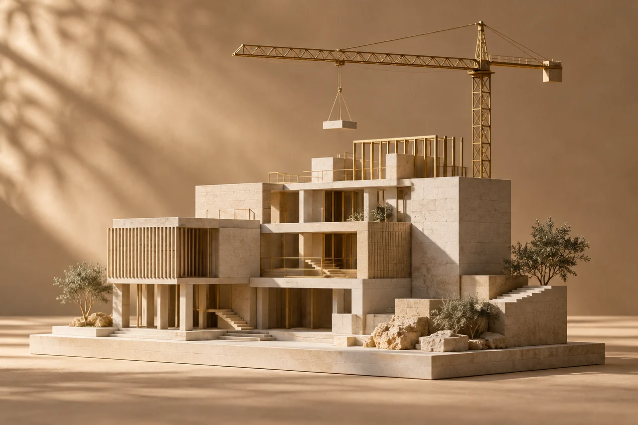 Sandstone architectural model with a brass construction crane.