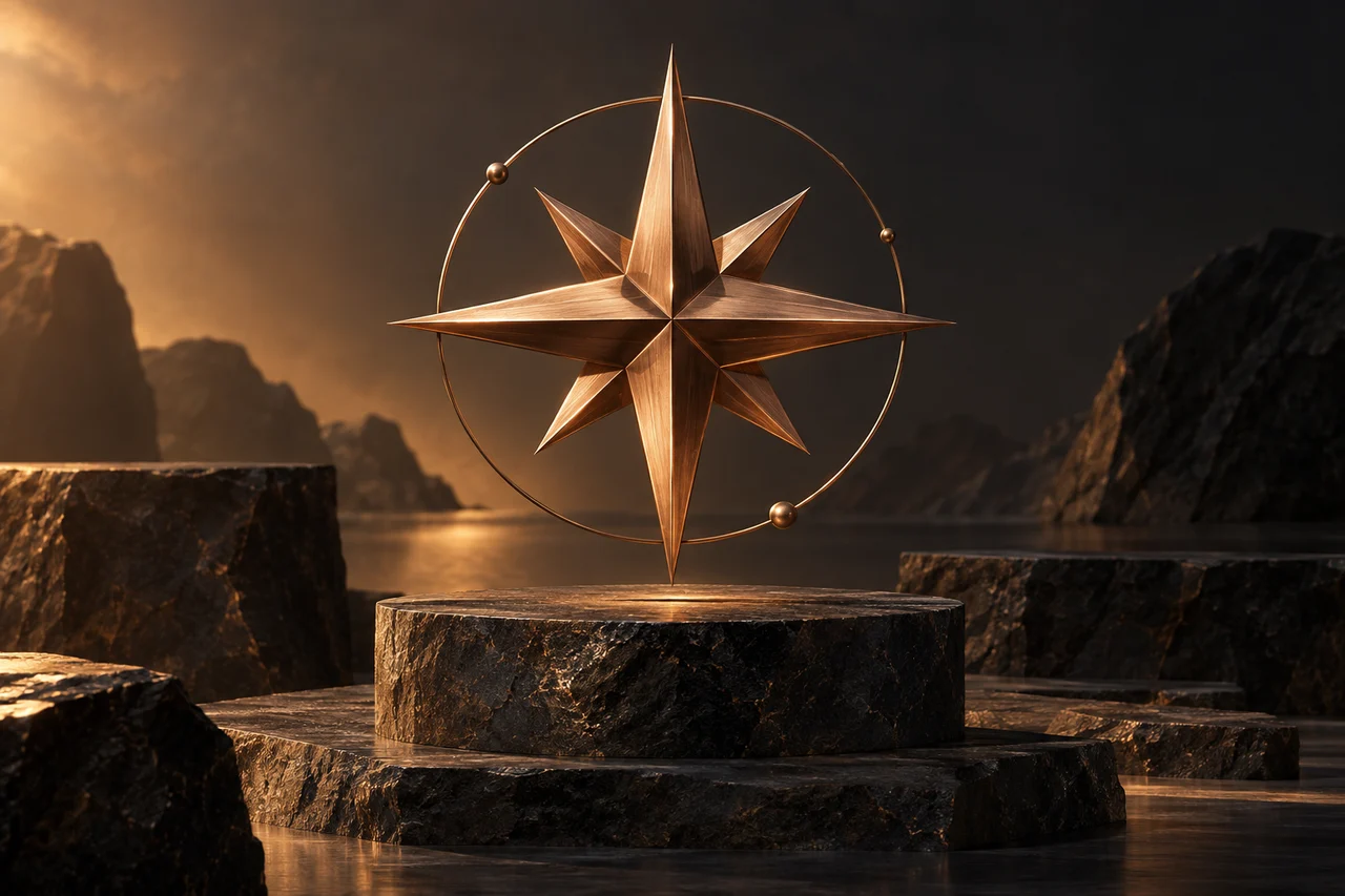 Copper compass star suspended above dark stone plinths.