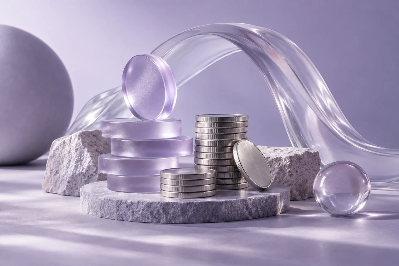 Lavender glass arches and silver coins in a sculptural finance still life.